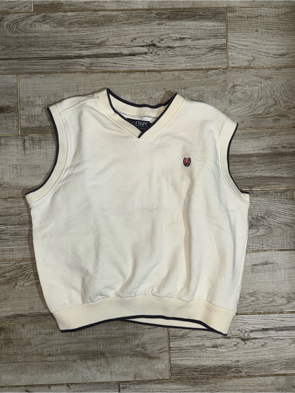 Chaps Ralph Lauren cream Sleeveless V-Neck Sweater Vest with Navy Trim